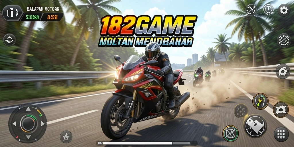 Tangkapan layar gameplay 182GAME menampilkan aksi balapan motor yang mendebarkan.
